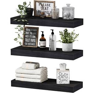 lot 5306 image: QEEIG Floating Shelves for Wall Bathroom Shelf Bedroom Kitchen Living Room Hanging Book Shelves Small Farmhouse Decor 16 inch Set of 3, Black (015-B3)