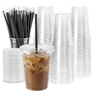 lot 5307 image: WUHUIXOZ 200 Sets - 12oz Plastic Cups with Lids and Straws, Disposable Cups for Iced Coffee, Smoothie, Milkshake, Cold Drinks - Clear
