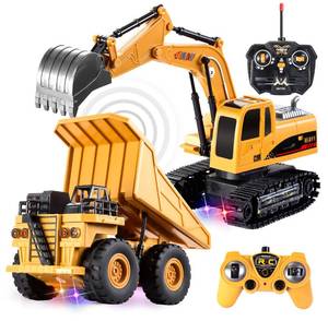 lot 5320 image: JOYIN 2 PCS Remote Control Construction Vehicle Toy Set, Friction-Powered RC Excavator & RC Dump Truck with Lights and Sounds for Imaginative Play, Birthday Gifts for Toddlers Boys Girls
