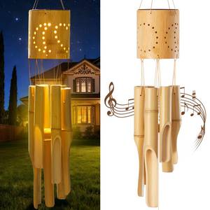 lot 5325 image: Fiwochic Bamboo Wind Chimes with Solar Accent Light, Outdoor Wooden Wind Chimes 6 Bamboo Tubes, Deep Tone, Hanging Solar Windchimes for Patio Garden Yard Porch Balcony Decor, 35 x 3.5 Inches