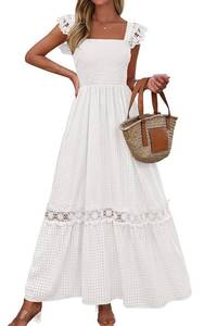 lot 6089 image: PRETTYGARDEN Womens Smocked Summer Maxi Dresses 2026 Ruffle Cap Sleeve Square Neck Lace Detail Flowy Sundress with Pockets (White, XX-Large)