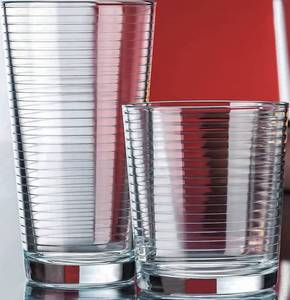 lot 9215 image: Leraze Set of xx Heavy Base Ribbed Durable Drinking Glasses Includes x Cooler Glasses (17oz) and x Rocks Glasses (13oz), Clear Glass Cups - Elegant Glassware Set  Broken glass inside