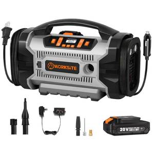 lot 9220 image: WORKSITE Tire Inflator Air compressor Portable, 160 PSI Car Air Pump with Multi Power Source (110V AC, 12V DC & 20V Battery) for cars, bikes, balls,Gray
