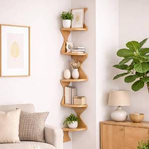 lot 9226 image: YCICI Zigzag Corner Shelf, Wood Corner Wall Shelf, 5 Tier Floating Corner Shelves for Small Space Storage, Corner Bookcase for Living Room, Home Office, Bedroom, (Natural, 5 Tier)