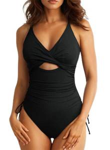 lot 10362 image: Aleumdr Womens Ribbed One Piece Swimsuit Tummy Control Bathing Suit Cheeky V Neck High Cut Cross Back Swimwear Black X-Large