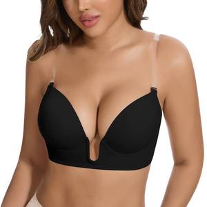 lot 10372 image: JOYSHAPER Plunge Bra for Women Backless Push Up Bras Low Cut Padded Bras Shaper Convertible with Clear Straps Dress Bra Black XL