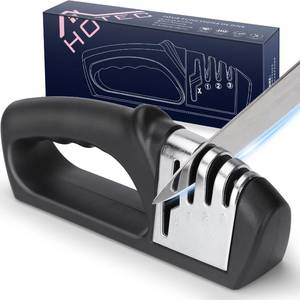 lot 10376 image: HOTEC 4in1 Knife Sharpener, 3 Stage Manual Sharpener for Sharpening Kitchen Knives 1 Stage for Scissors- Ceramic Stone, Tungsten Carbide Plates, Diamond rods