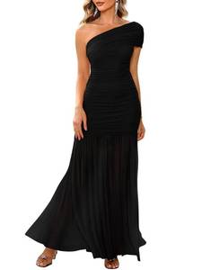 lot 10384 image: LAGSHIAN Womens Elegant Formal Long Dress One Shoulder Sleeveless Ruched Bodycon Evening Dress Black