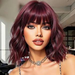 lot 10390 image: Miuric Red Wig with Bangs Burgundy Wigs for women Bob Wavy Wig Curly Wine Red Color Wig Shoulder Length Synthetic Heat Resistant Fiber Wigs for Daily Party Use (14 Inches)