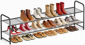 lot 11694 image: AOODA Long 2 Tier Shoe Rack for Closet Metal Wide Stackable Shoe Storage Organizer for Entryway, Bedroom, Floor, 18-Pairs Low Shoe Shelf, Black