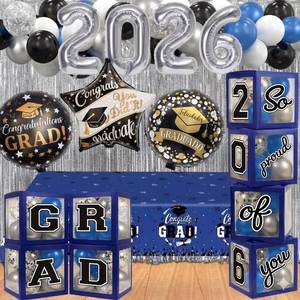 lot 11707 image: Blue and Silver Graduation Decorations Class of 2026 - Graduation Balloon Boxes, Balloon Arch Garland Kit, Fringe Curtains, Party Decorations 2026 for Any Grades