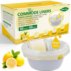 lot 11721 image: ININCARE Commode Liners with Absorbent Pads for Bedside Commode, 50 Lemon Scented Bedside Commode Liners and 50 Commode Pads, Commode Toilet �� Camping Toilet Bags