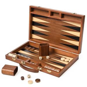 lot 11737 image: ropoda Sapele Wood Backgammon Board Game Set (15 Inches) for Adults and Kids - Classic Board Strategy Game - Portable and Travel Backgammon Set with Wooden Playing Pieces and Accessories