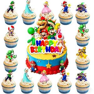 lot 12229 image: 25Pcs Mario Cake Decorations with 24pcs Cupcake Toppers, 1pcs Happy Birthday Cake Topper, Super Bros Party Supplies, Perfect for Birthday Party Decorations