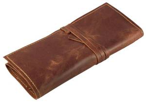 lot 12233 image: Rustic Genuine Leather Pencil Roll - Pen and Pencil Case - Dark Brown