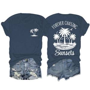 lot 12235 image: Migxsaf Forever Chasing Sunsets Tshirt Hawaiian Beach Shirts for Women Palm Tree Tropical Shirt Graphic Tees Summer Tops(Navy Blue,XL)