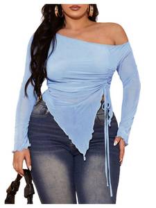 lot 12237 image: RoseSeek Womens Plus Size Sheer Mesh Off Shoulder Tops Long Sleeve Drawstring Asymmetrical Hem Ruched T Shirt Light Blue 4X-Large Plus