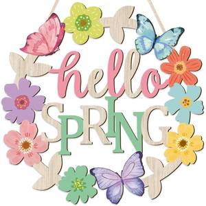 lot 12250 image: COCHIE Vintage Happy Spring Flower Decorations Sign, Butterfly Wood Wreath for Front Door Porch Window Wall Hanging Decor, Pink Green Blue Easter Decoration for The Home (Spring Retro) (Small Damage)