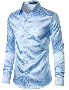 lot 12258 image: ZEROYAA Mens Luxury Jacquard Long Sleeve Dress Shirt Shiny Satin Slik Like Wedding Party Prom Shirts ZLCL27-Bright Blue X-Large
