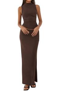 lot 12261 image: BTFBM Womens Two Piece Outfits Summer Lightweight 2026 Mock Neck Sleeveless Knit Tops Maxi Skirt Set Going Out Dress(Coffee, X-Large)