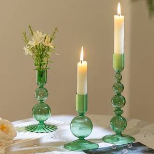 lot 12262 image: Hewory Glass Candlestick Holders Set 3PCS Green Candle Holder Taper Candle Holders Bulk, Crystal Ribbed Candle Sticks Holder Decor for Table Centerpiece Wedding Christmas Thanksgiving Dinner