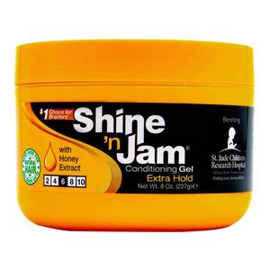 lot 12276 image: AmPro Shine-n-Jam Maximum Hold - Infused with Honey Extract to Strengthen Hair - Great for Taming Fringe, Ponytails, Soft Weaves, and Braids - Keeps Tresses Firm with Non-Greasy Shine - 8 oz (Used)