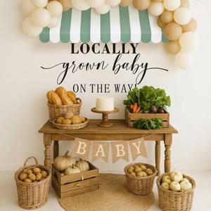 lot 12298 image: Amyhill 2 Pcs Locally Grown Baby Shower Decorations Set Farmers Market Party Decor with Green and White Striped Canopy and Locally Grown Baby on the Way Felt Sign for Festival Plant Themed Activity