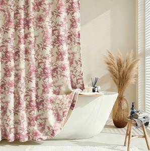 lot 12300 image: Blgiont Farmhouse Pink Floral Shower Curtain with 12 Clear Rings, Fabric Faux Linen Shower Curtain Set, Vintage Cottagecore Shower Curtain for Bathroom 72 W x 72 L