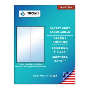 lot 12325 image: Premium Label Supply Glossy White Sticker Labels �� 4 x 3.33 �� (6 per Sheet) (Glossy White for Laser Only, 150 Labels)