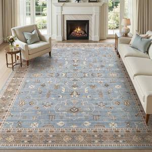 lot 13834 image: WITSHOCK 8x10 Area Rugs for Living Room, Washable Non Slip Rugs for Bedroom Dining Room Office, Soft Low Pile Stain Resistant Oriental Distressed Vintage Carpet for Farmhouse Home Decor - Blue&Brown