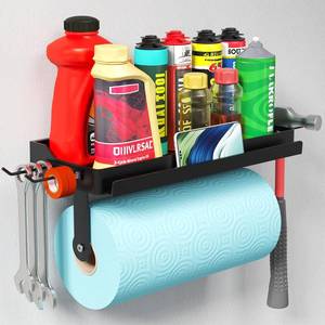 lot 13836 image: Lifewit Garage Paper Towel Holder with Shelf, Shop Towel Holder, Wall Mount Tool Rack with 4 Hooks&Phone Stand, Stick on Adhesive (Hold 19lbs) or Screws(44lbs) for Clean StationCraft Room,1Pack,Black