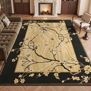 lot 13842 image: Oprein 6x9 Area Rug for Living Room, Washable Oriental Black Gold Floral Rug, Large Soft Low Pile Non Slip and Stain Resistant Carpet for Bedroom Dining Room Farmhouse Office Home Decor