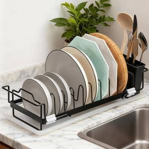 lot 13860 image: Mesiiloly 6.3x13.6-16.5 Expandable Dish Drying Rack for Kitchen Counter, Stainless Steel Dish Drying Rack with Drain Board and Sink Caddy Organizer, Black Drying Rack Dish with Cupholder in Sink