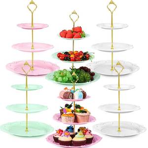 lot 13875 image: Gandeer 6 Sets Tea Party Decorations of 3 Tier Plastic Cupcake Stand Dessert Plates Cake Fruit Candy Display Tower for Wedding Birthday Baby Shower Tea Party Decorations(Round)