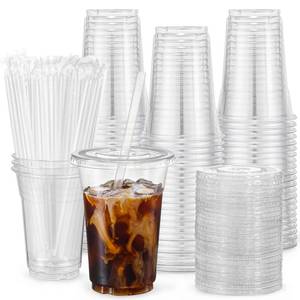 lot 13876 image: VITEVER 100 Sets - 16oz Clear Plastic Cups with Lids and Straws, Disposable Iced Coffee Cups for Smoothie, Milkshake, Cold Drinks - BPA free