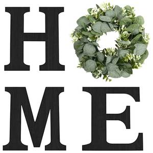 lot 14456 image: Wood Home Sign with Artificial Eucalyptus Wreath for O, Hanging Farmhouse Wall House Decor Wood Letters for Wall Art Rustic Home Decor, Wall Decor for Living Room Kitchen Entryway (Black)