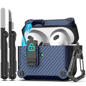 lot 14467 image: RFUNGUANGO for Airpods 3rd Generation Case with Secure Lock Clip, Full Body Shockproof Hard Shell Protective, AirPods 3 Case for with Apple AirPod 3rd Gen 2021 Front LED Visible - Blue