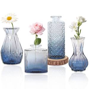 lot 14486 image: Set of 4 Glass Bud Vase Set, Small Vintage Clear Flower Vase Centerpieces for Table Bulk Cute Rustic Style Mini Vase for Home Decor Wedding Baby Shower Birthday Party(Ombre Blue)