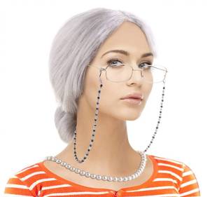 lot 14498 image: Feacole Old Lady Costume Set-Grandmother Wig,Wig Caps, Madea Granny Glasses, Eyeglass Retainer Chain,Pearl Necklace(5 Pieces)