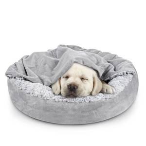 lot 15661 image: JOEJOY Small Dog Bed Cat Bed with Hooded Blanket, Cozy Cuddler Luxury Puppy Pet Bed, Donut Round Calming Anti-Anxiety Dog Burrow Cave Bed - Anti-Slip Bottom and Machine Washable 23 inch