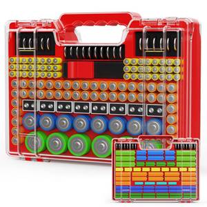 lot 15669 image: Battery Organizer Storage Holder Box Case with Tester, Stores & Protects Up to 260 Batteries, Double-Sided, Clear Locking Lid, Secure Latches & Portable Carrying Handle - Red (Batteries Not Included)