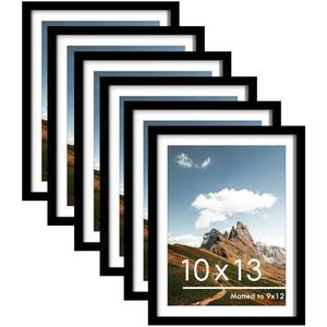 lot 15678 image: PEALSN 10x13 Picture Frames Set of 6, Display Pictures 9x12 with Mat or 10x13 without Mat for Wall Mounting or Table Top, Photo Frames Collage for Wall Decor, Black.