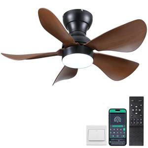 lot 15680 image: Kviflon Ceiling Fans with Lights and RemoteAPP Control, 30 inch Low Profile Ceiling Fans with 5 Reversible Blades 3 Colors Dimmable 6 Speeds Ceiling Fan for Bedroom Dining Room, Wood Color