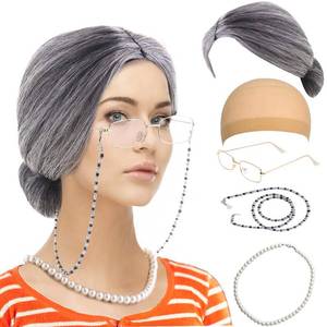 lot 16176 image: Feacole Old Lady Costume Set-Grandmother Wig,Wig Caps, Madea Granny Glasses, Eyeglass Retainer Chain,Pearl Necklace(5 Pieces)