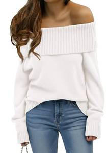 lot 16177 image: Okiwam Womens Off The Shoulder Sweater Casual Loose Knitted Long Sleeve Pullover Fall Outfits Spring Fashion Clothes 2026-S White