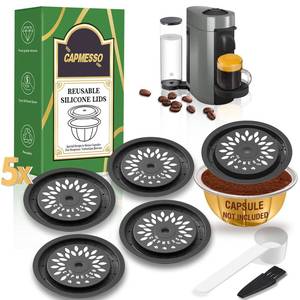 lot 16182 image: CAPMESSO Reusable Coffee Capsule Lids for Reusable Nespresso Pods Vertuo, Food Grade Silicone Caps for Any Sizes of Refillable Vertuo Pods with Scoop and Brush (5PCS Silicone Caps)
