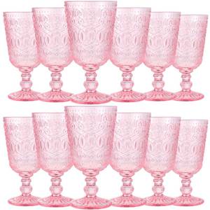lot 17843 image: Eaasty Wine Glasses Set of 12 Vintage Goblet 9 oz Vintage Colored Glass Goblet Beverage Stemmed Glass Cups Romantic Embossed Glassware for Wedding Party Holidays Anniversary (Pink)