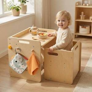 lot 17849 image: Montessori Table and Chair Set - Adjustable Toddler Weaning Table with Storage Box & Table Mat, Baby Furniture Gift for 1-3 Year Old Kids Learning, Play and Mealtime