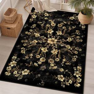 lot 18156 image: Castage Black Floral Rug 3x5 Washable Area Rugs for Bedroom Living Room Kitchen Entryway Bedside,Small Boho Vintage Bohemian Farmhouse Oriental Non Slip Carpet,Gold Flowers Decor