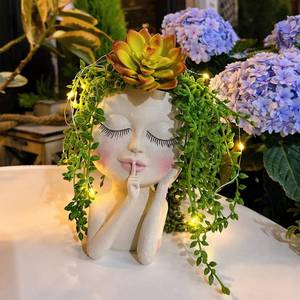 lot 18178 image: Solar Face Flower Pot,Head Planter Pot,with Led String Lights Succulent Planter Light,Warterproof Resin Cactus Planters,Cute Closed Eyes Lady Face Planter,for Indoor Outdoor Plant Garden Decor (Large)